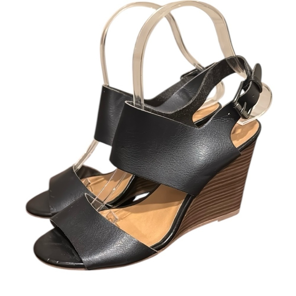 Old Navy black wide strap high wedge heel sandals, size 7